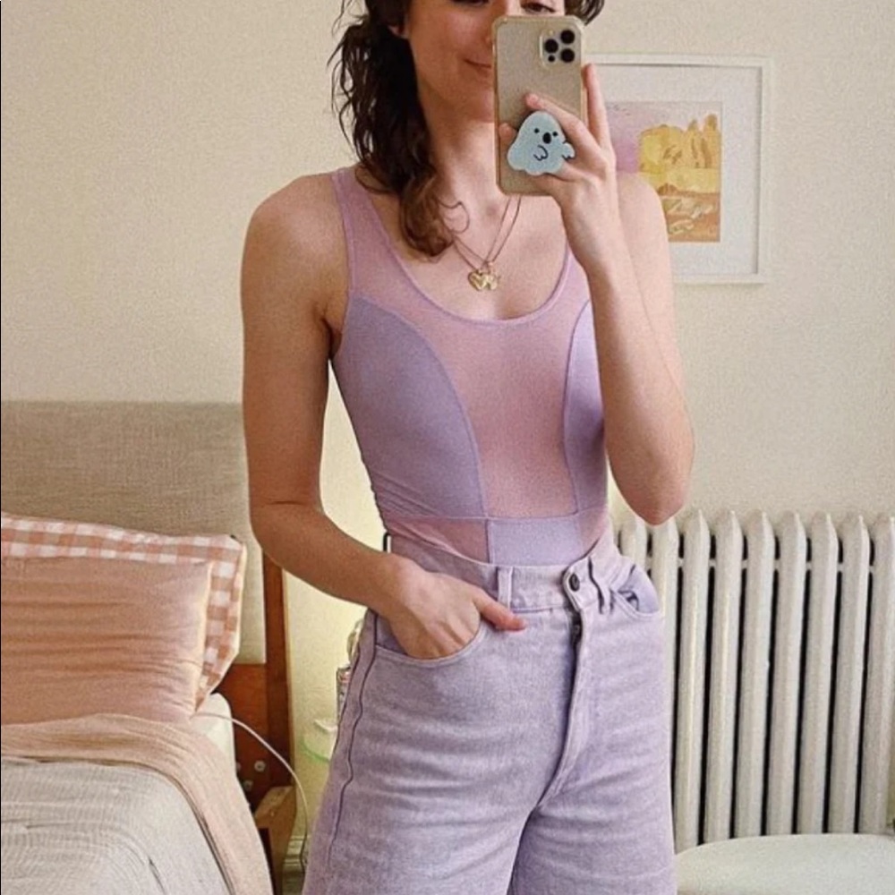 Parade showoff mesh bodysuit size small, lavender, new without tags